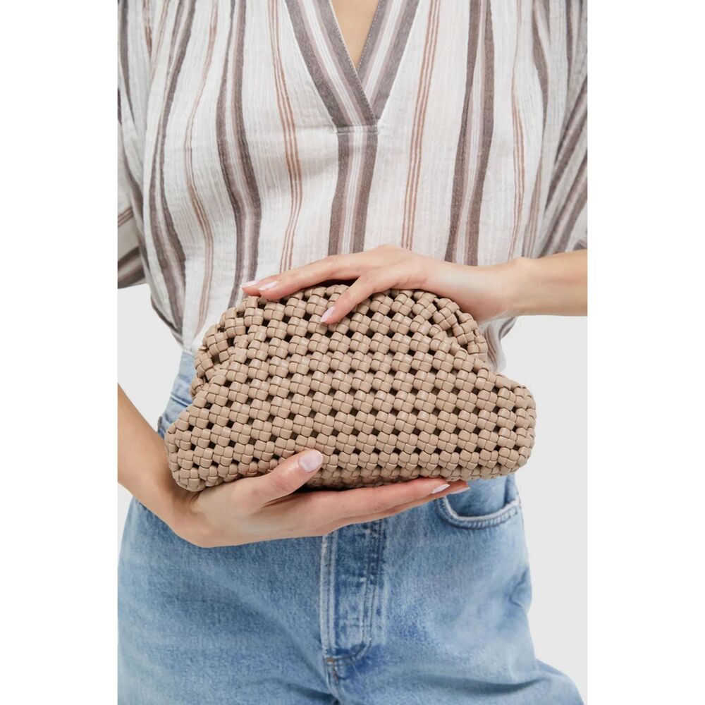 Olga Berg Everly Natural Handwoven Faux Leather Clutch with Gold Crossbody Chain